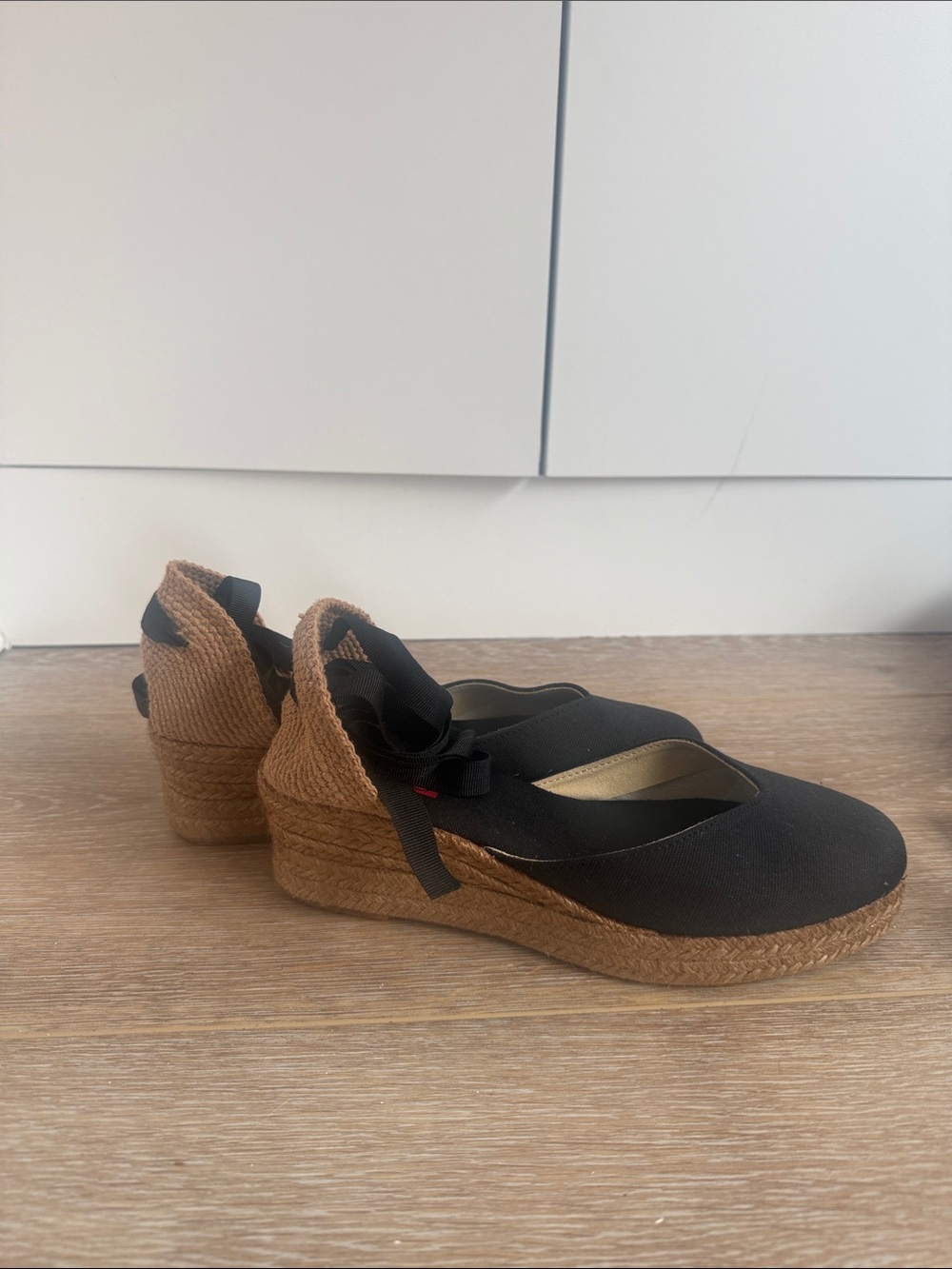 Black Canvas Espadrille Wedge with Tan Jute Heel